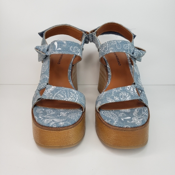 Lucky Brand Demmia Blue Denim Paisley Adj. Back Strap Platform Wedge Sz 7 Boho - Picture 2 of 10